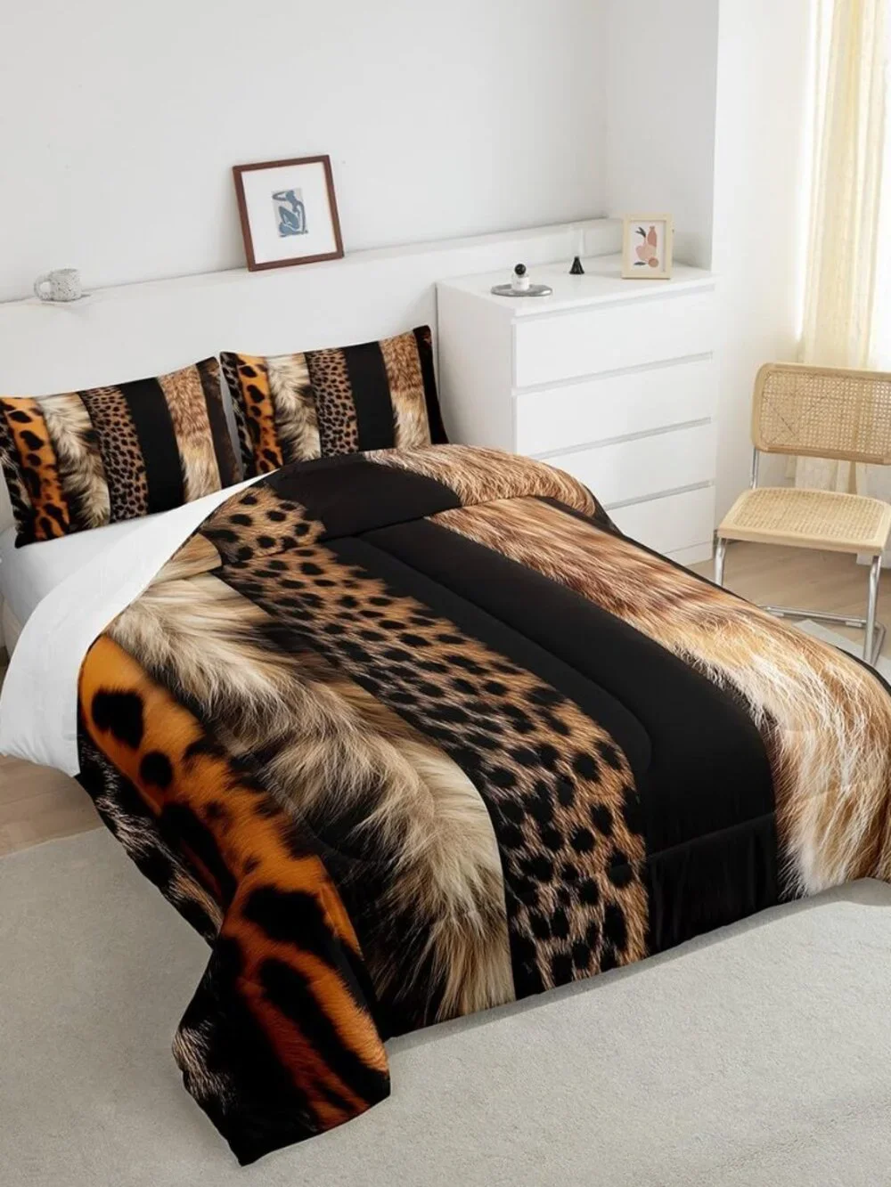 Leopard Print Comforter Set Wild Animal Fur Bedding Set Queen Size for Kids Boys